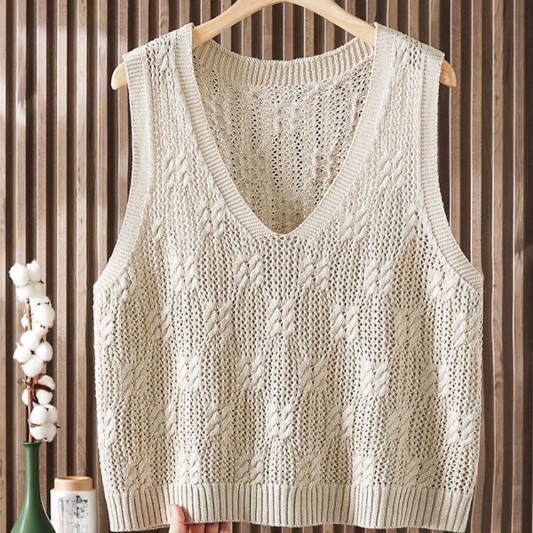 Women's Stylish V-Neck Pullover Hollow-Out Knitted Vest Versatile Sleeveless Sweater Gilet for Spring and Autumn