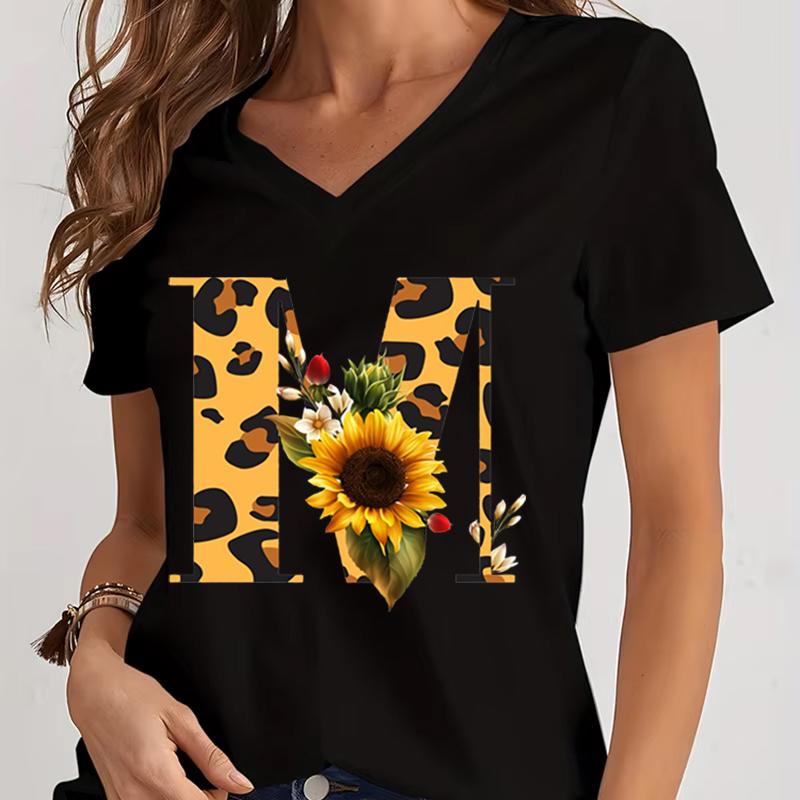 Women's V-Neck T-Shirt Sunflower Leopard Print Letter B Tee Top Floral Animal Print Initial Casual Tee A-Z 26 Alphabet Clothes