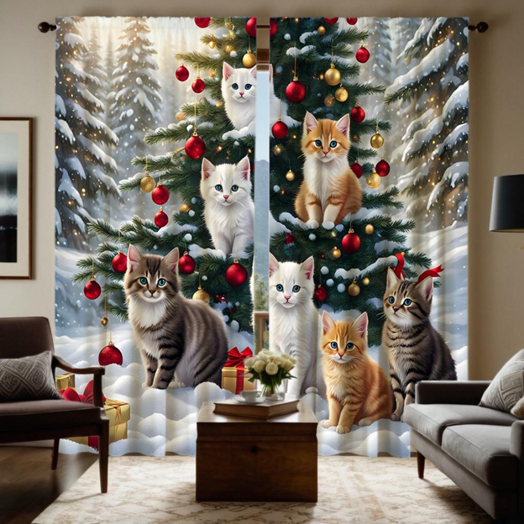 2 kusy HD vánočního stromku na kočce sněhová dekorativní záclona Žlutá vázanka digitálně tištěná záclona styl bytové dekorace decora