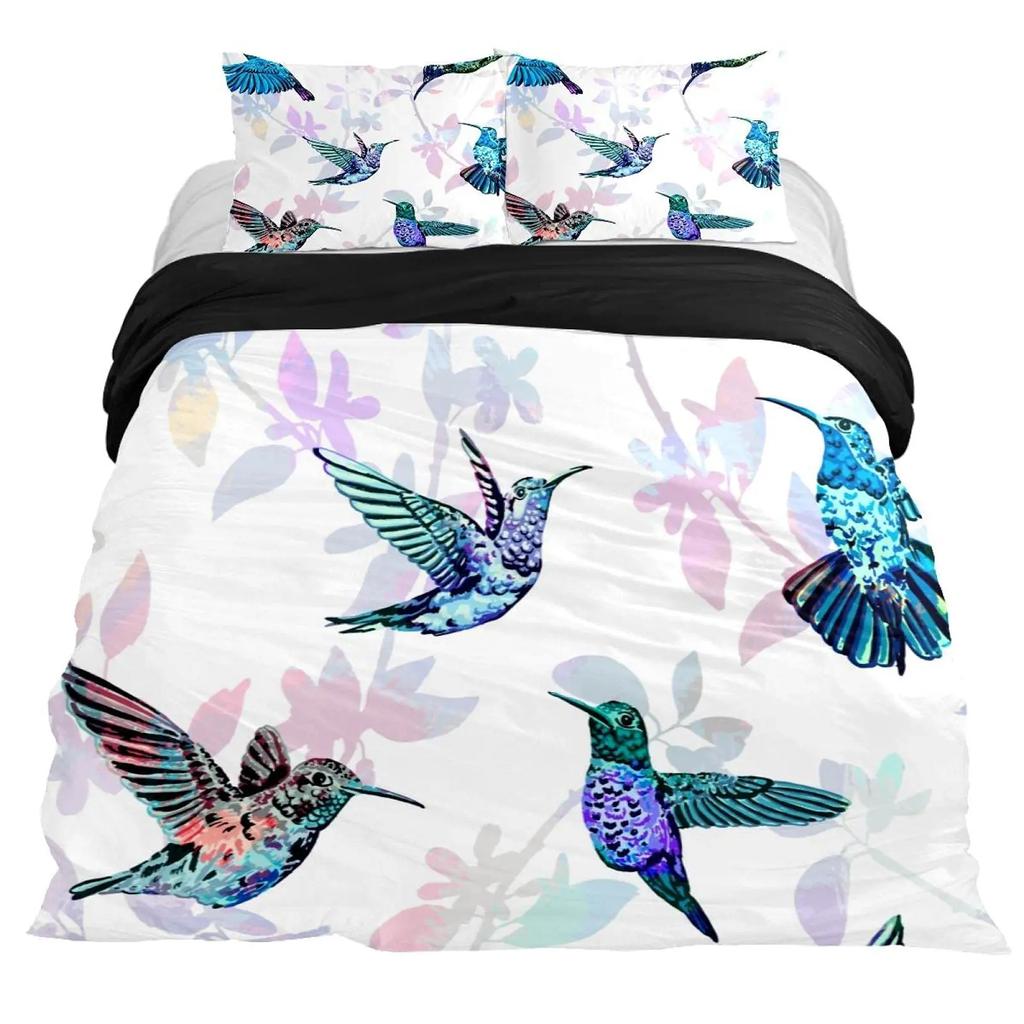 Kolibri påslakan med virvlande blad och blommor, med vårtema, dekorativa sängkläder, blek elfenben, rumsdekoration, kvinnor