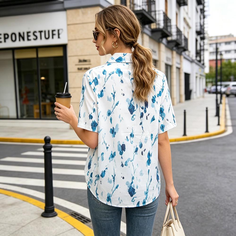 Women's Blue Watercolor Print Short Sleeve Button Down Shirt, Casual Loose Blouse for Summer, Breathable Cotton Top for Vacation, Streetwear