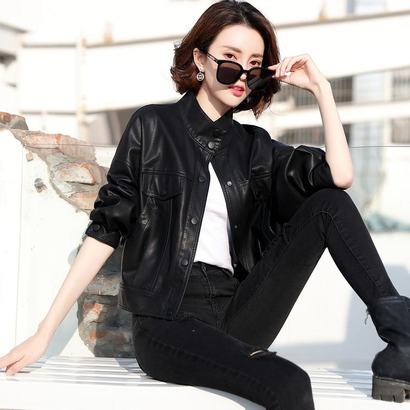 

Высококачественная куртка из натуральной кожи для женщин, короткая, весенне-осенняя, повседневная, с воротником-стойкой, кожаная куртка из овчины, мотоциклетная куртка 3XL