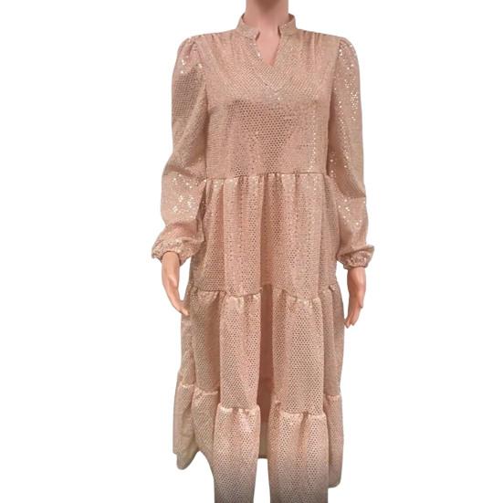 Abendkleid für Damen, V-Ausschnitt, glänzende Pailletten, A-Linie, lose Bing Swing, lange Ärmel, einfarbig, Patchwork-Saum, plissiert, Party, Abschlussball, Maxikleid