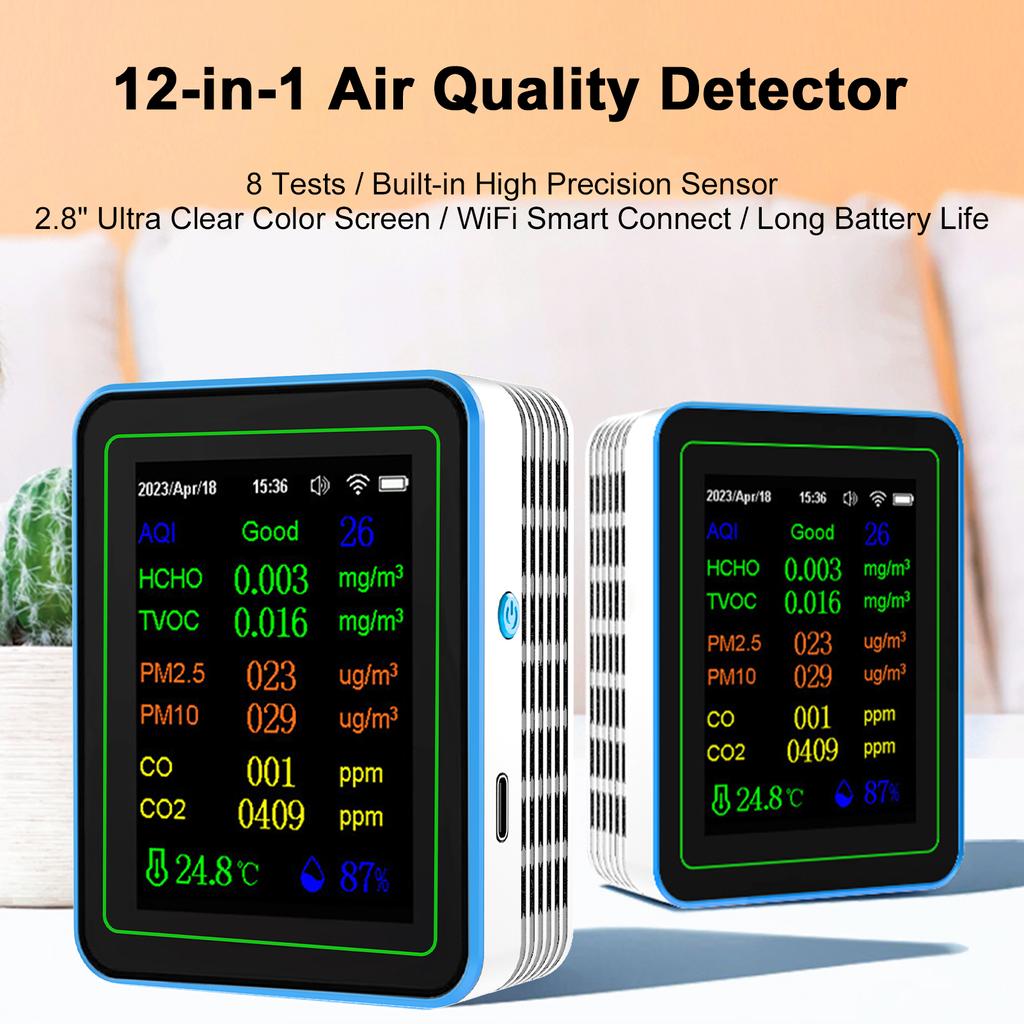 WiFi 12 In 1 Air Quality Detector Carbon Dioxide Detector with Time Date Display AQI PM2.5 PM10