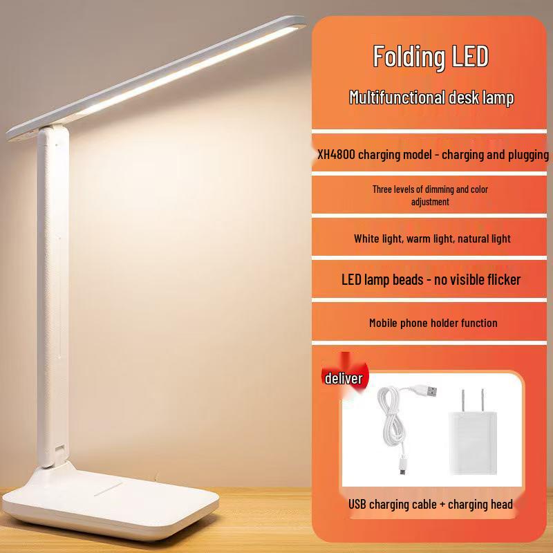 Rechargeable LED Desk Lamp: Eye-Protecting, Foldable, Three-Color Dimming for Students and Bedside Use