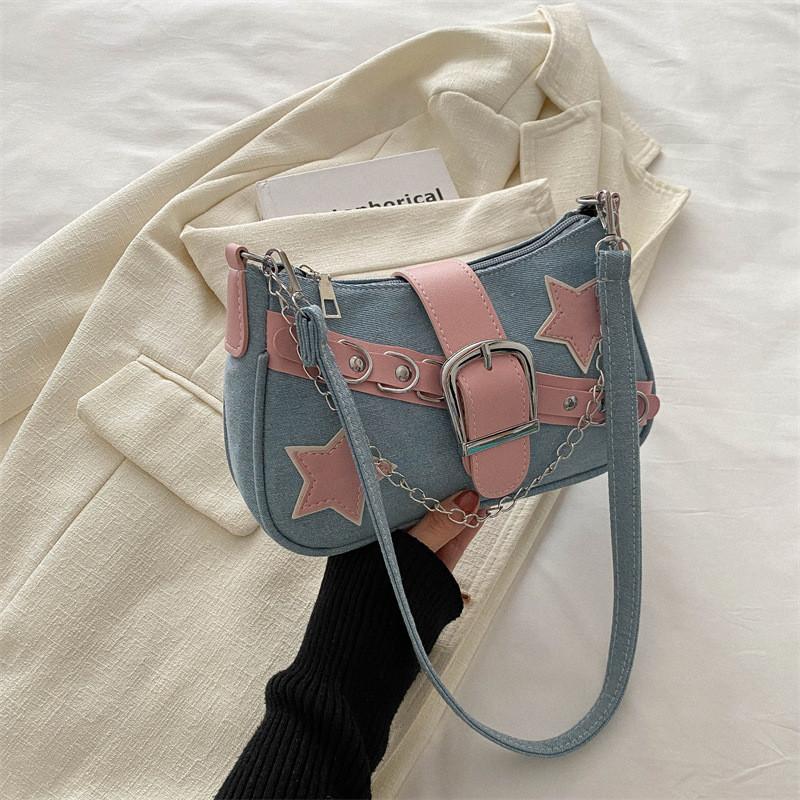 2024 Women's Spring Korean Style Armpit Bag Street Chic Denim Shoulder Bag Casual Small Square Bag Trendy Chain Bag Black