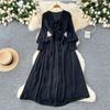 French Retro V-neck Three-dimensional Flowers Lantern Sleeve Dress Women's Waisted Temperament Swing Knee-length Elegant Long Dress