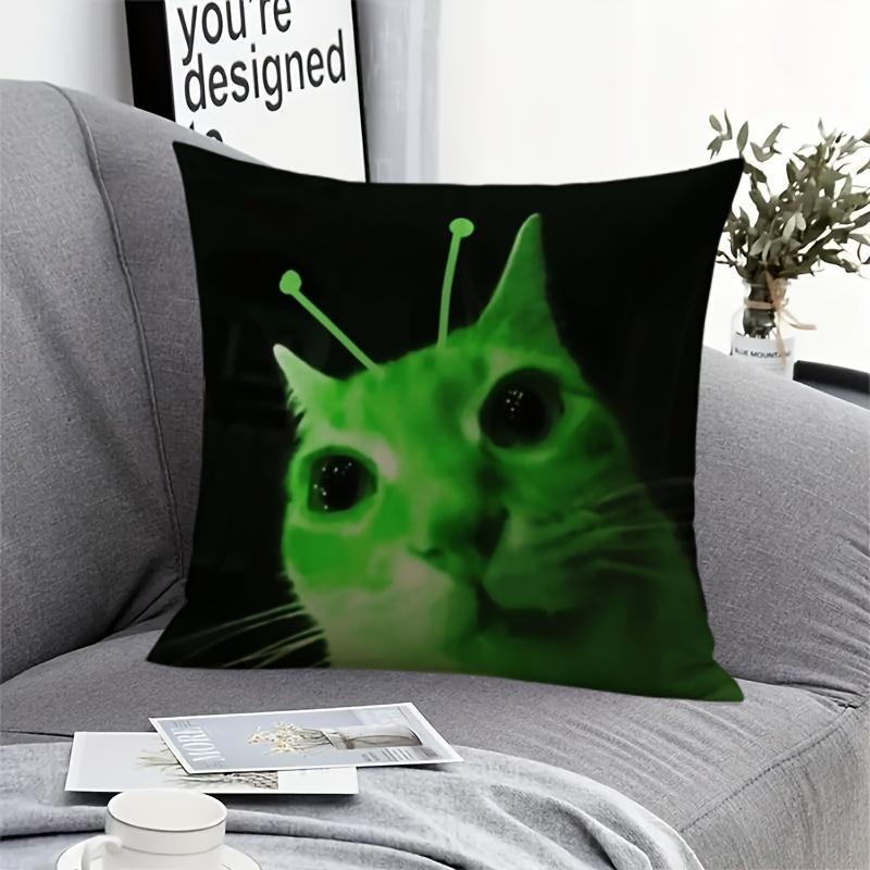 1Pc Funny Alien Cat Print Pillow Cover, 2D Double-Sided Polyester Cushion Case, Green Meme Decor Pillowcase, Gift For Cat Lovers