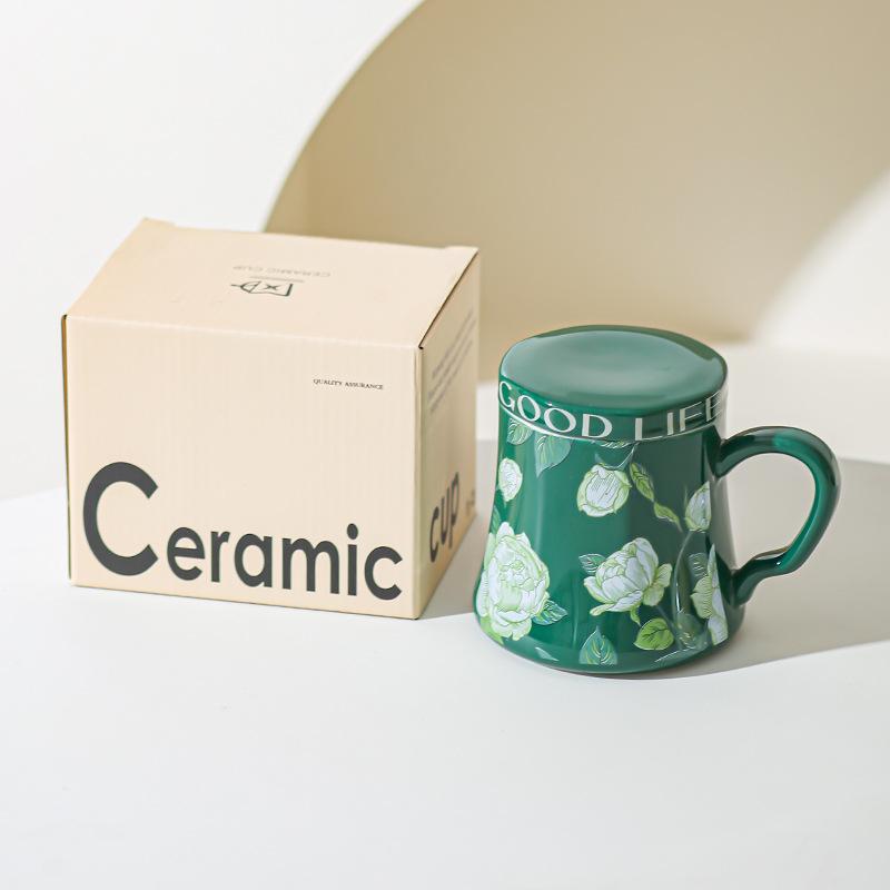 Lily of The Valley Ceramic Water Cup Home Office Large Capacity Coffee Cup Breakfast Cup with Lid Design Coffee Cup