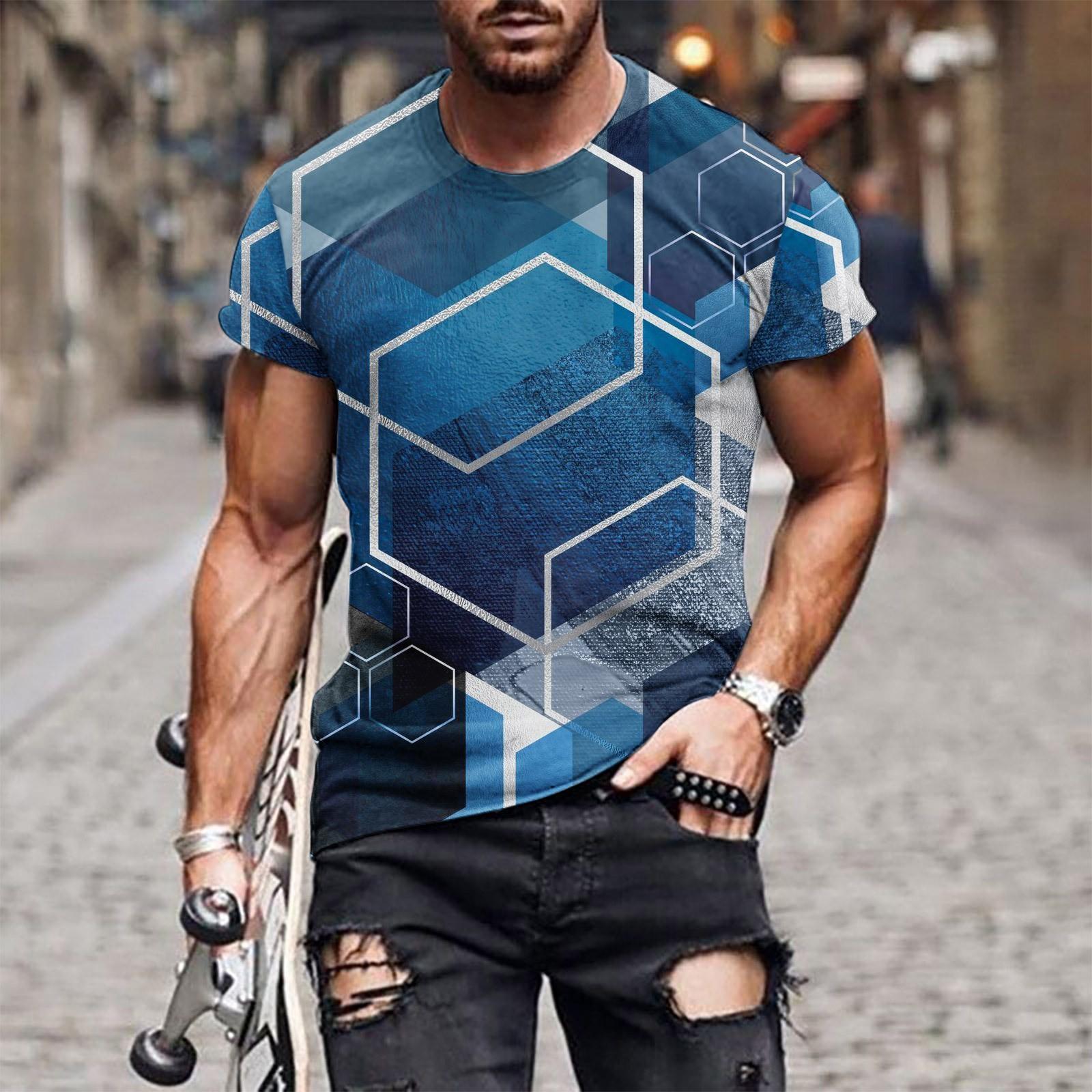 

Повседневная футболка с короткими рукавами в европейском и американском стиле с круглым вырезом в этническом стиле и принтом в стиле ретро XL синий