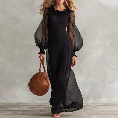 Elegante Zwarte Lange Mouwen Hoge Taille Midi Jurk Met Ruche Halslijn Geplooide Details