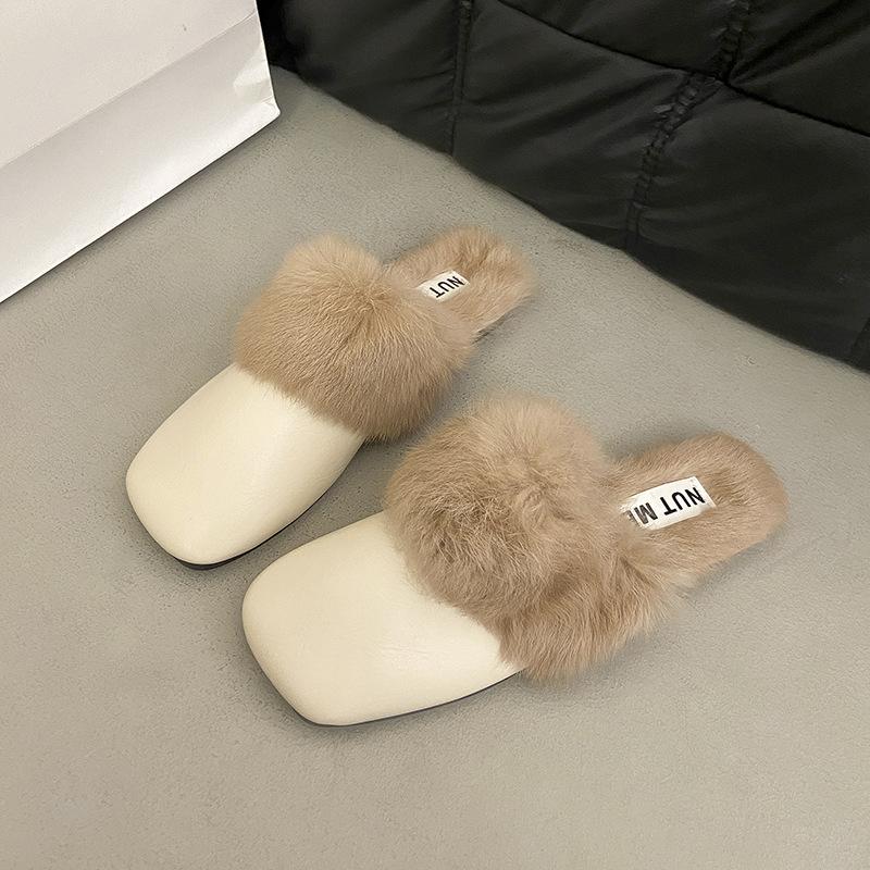 French Beautiful Bag Head Autumn and Winter Fluffy Slippers Velvet Women's 2025 Flat Bottom New Muller Lazy Explosion Out