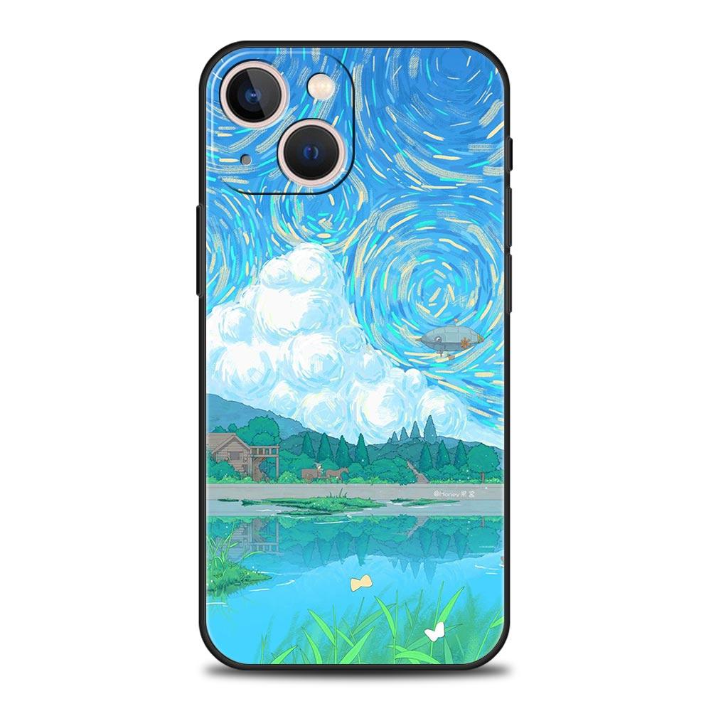 Japan Sunset Scenery Luxury Phone Case For iPhone 13 15 14 12 11 Pro MAX XR X SE XS 7 8 Plus Silicone Black Protection Cover