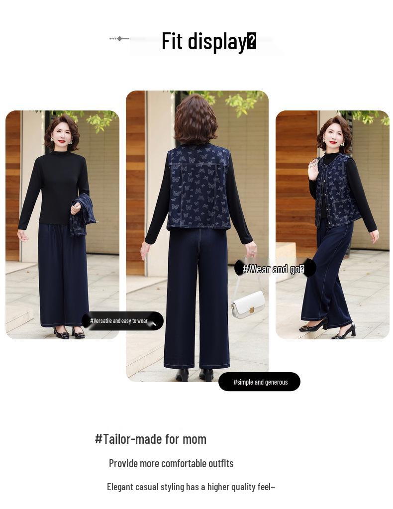 Korean Style Autumn Fashion Set: Middle-Aged Women's Casual Three-Piece Outfit Featuring Top, Wide-Leg Pants, and Vest.
