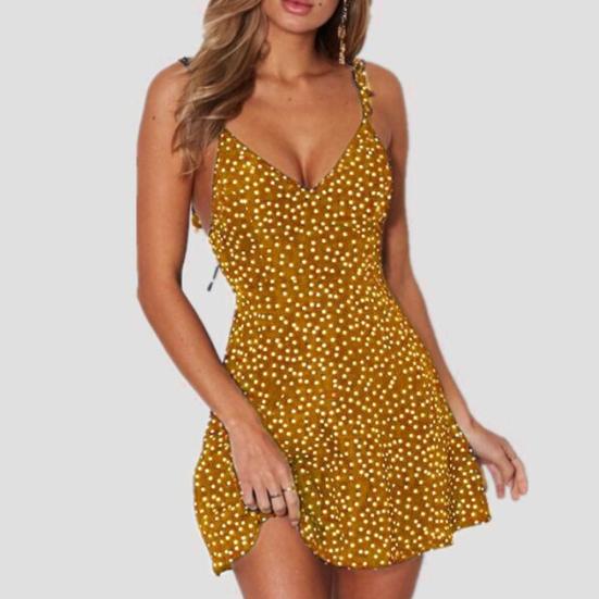 Summer Fashion Women Polka Dot Print V Neck Backless Sleeveless Sling Mini Dress
