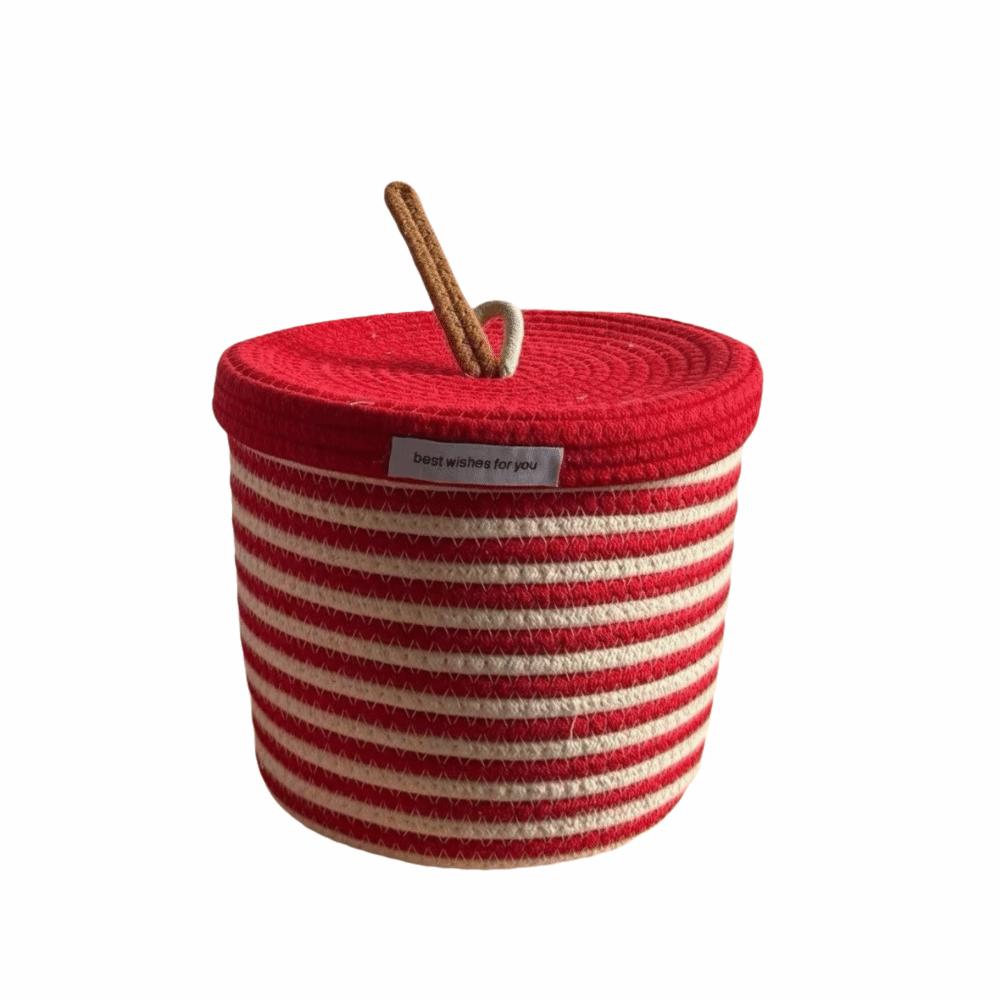 Cotton Tead Woven Storage Basket Red White Organizer Basket Cartoon Covered Basket Women Use