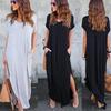 Casual Women V-Neck Short Sleeve Solid Color Split Pocket Loose Long Maxi Dress