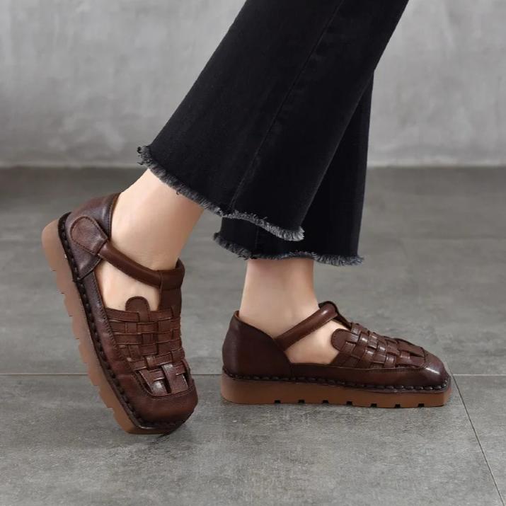 Johnature Genuine Leather Woven Breathable Flat Sandals Square Toe Soft Sole Versatile Women's Shoes