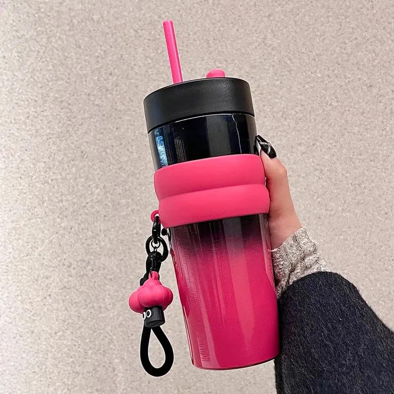 710ml Large Capacity Car Thermos Mug Stainless Steel Vacuum Flask With Retractable Straw Leak-Proof Coffee Tea Cold Drink Bottle