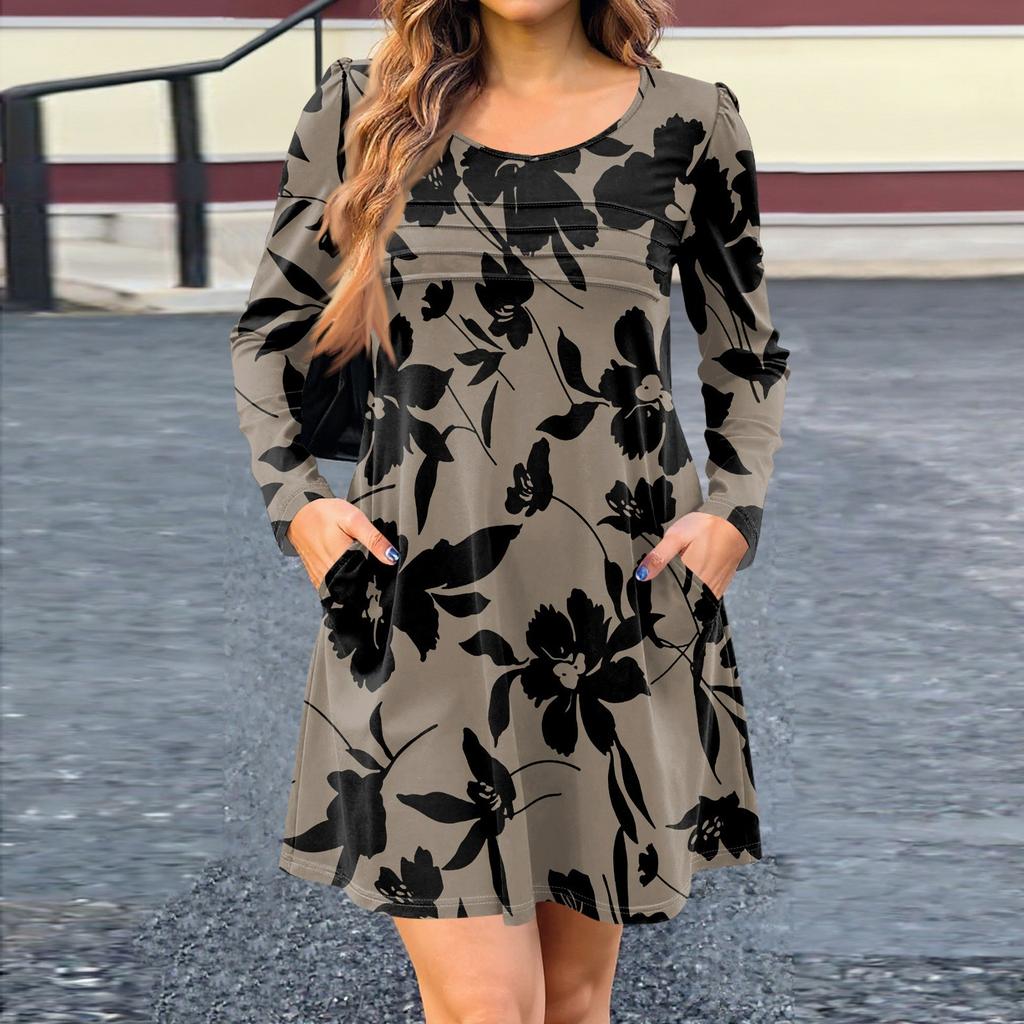 Damklänning med lång ärm Höst Casual T-shirt Lös passform Plisserad framsida Klänningar med fickor