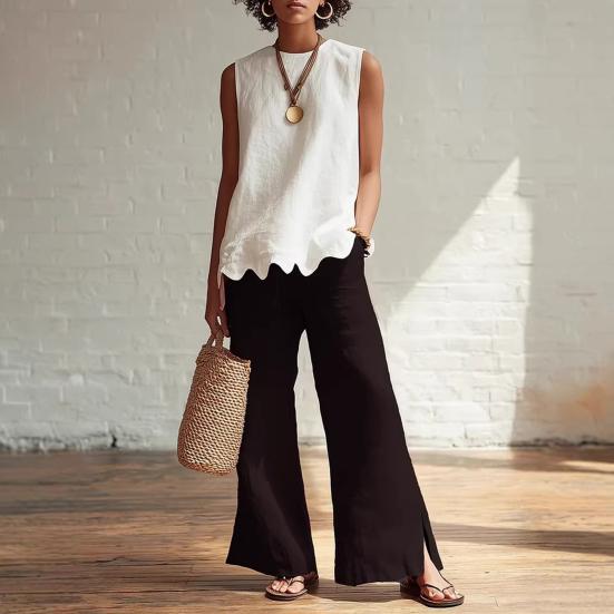 Ärmellose Damen-Tops Atmungsaktives Sommer-Top Lässiges Lockeres Top mit Wellensaum Bequemes Rundhals-Shirt für den täglichen Gebrauch Reisen