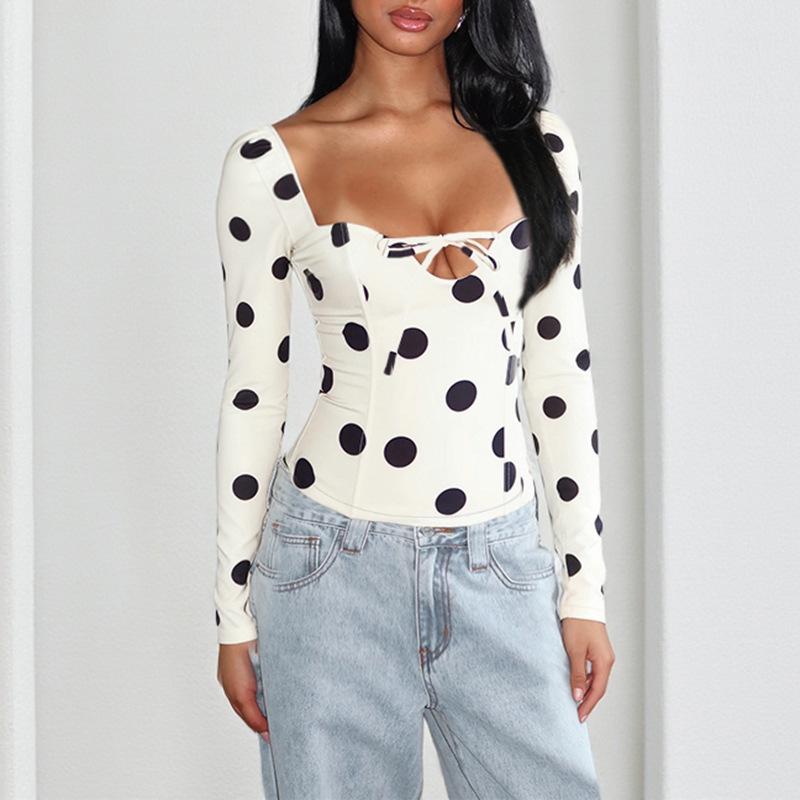 2025 Winter Fashionable Polka Dot Lace-up Slim Long-sleeved Women's T-shirt