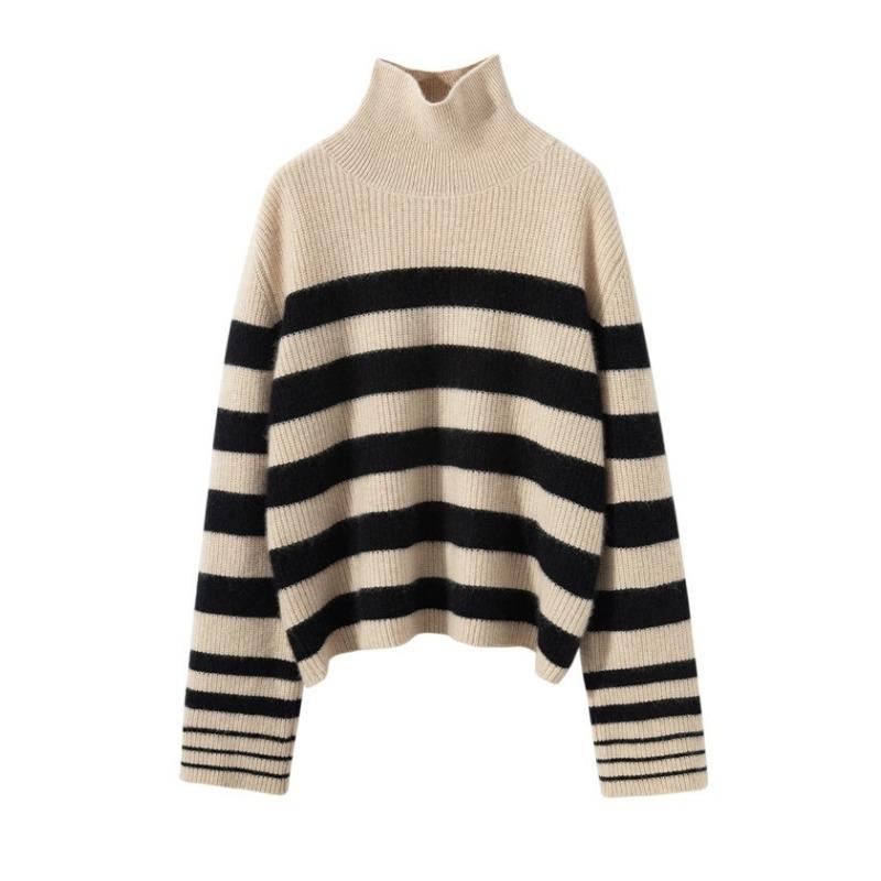 INDFS Women's Fashion Casual Fall Winter Stripe Print Long Sleeve High Neck Sweaters