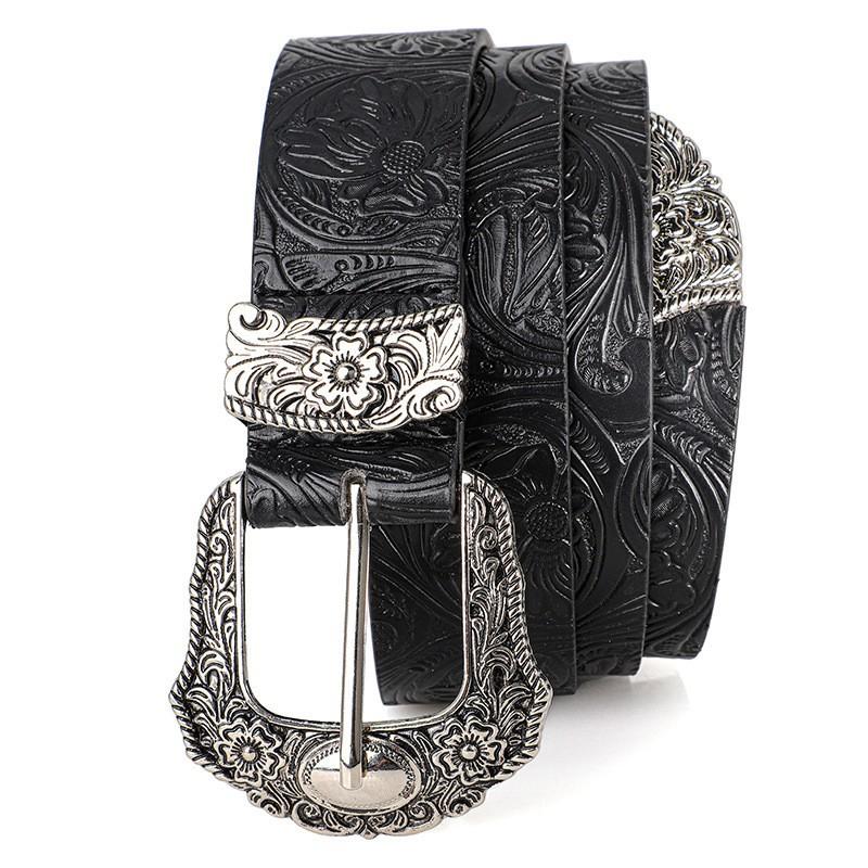 New European and American Style Women's Belt, Vintage Rhinestone Carved Buckle Belt, Trendy Printed Jeans Belt, Unisex