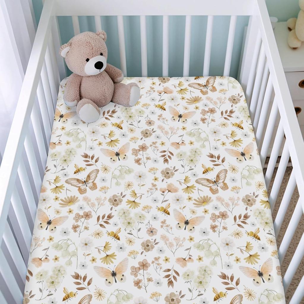 Vintage Butterflies Boho Wildflowers Baby Crib Sheets Boy Girl 52"x28" Watercolor Bees Butterflies Spring Floral Crib Mattress Cover Soft Breathable