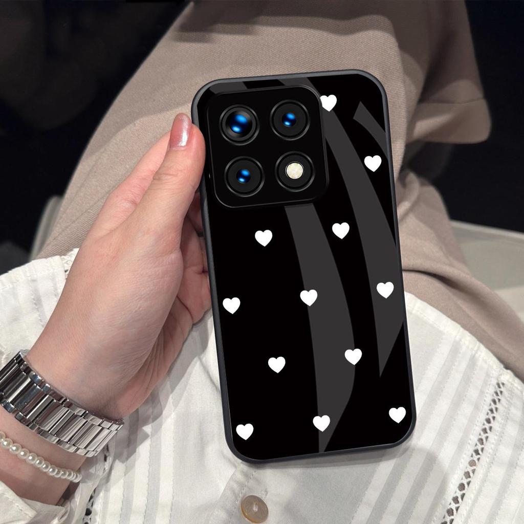 Cute Polka White Hearts Phone Cover for Xiaomi 15T 14T Pro Hard Gloss Acrylic Back Soft TPU Frame Anti-scratch Protective Case