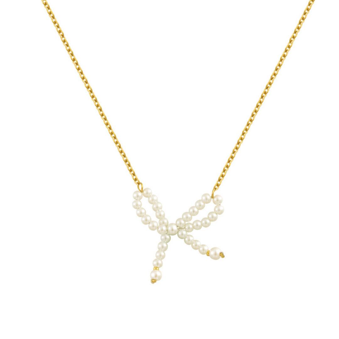

Bow Necklace, Pearl Necklace, Vacuum Plated 18K Real Gold In The Furnace.