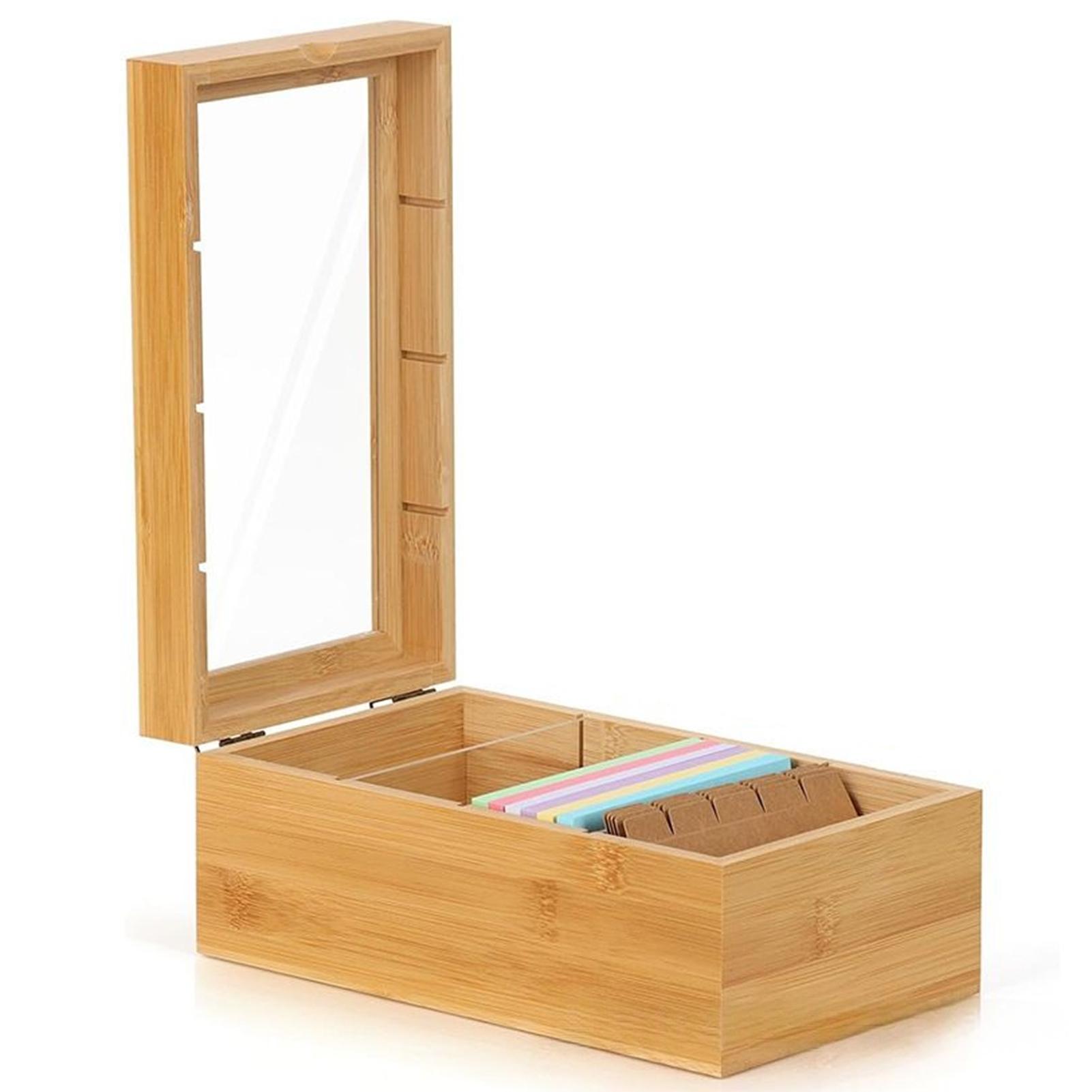 Wooden Recipe Card Organizer Box Flip Top Name Card Holder with Dividers for Desk Storage Office Kitchen Use