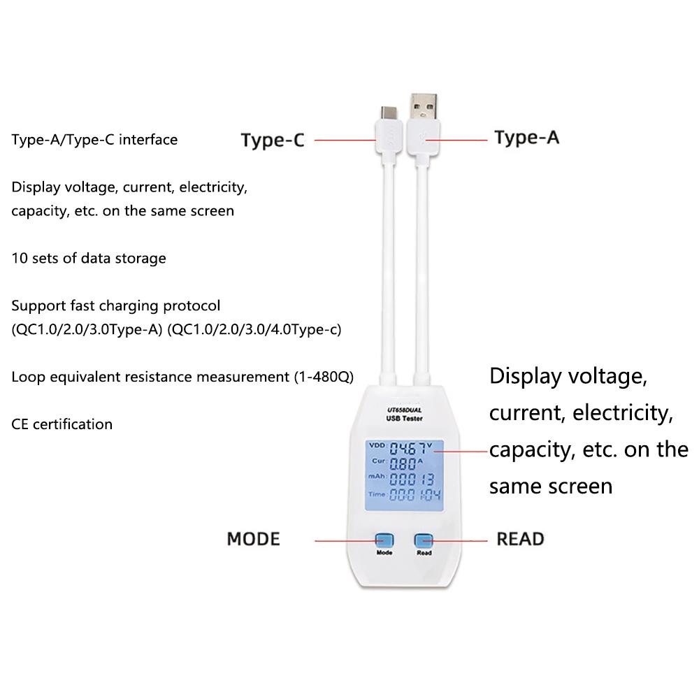 1x USB Type-C Detector Digital Voltmeter Ammeter Voltage Tester Meter UT658 Dual