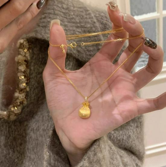 2026 Women's Gold-Tone Faux Diamond Lucky Bag Pendant Necklace - Stylish Chinese Clavicle Chain