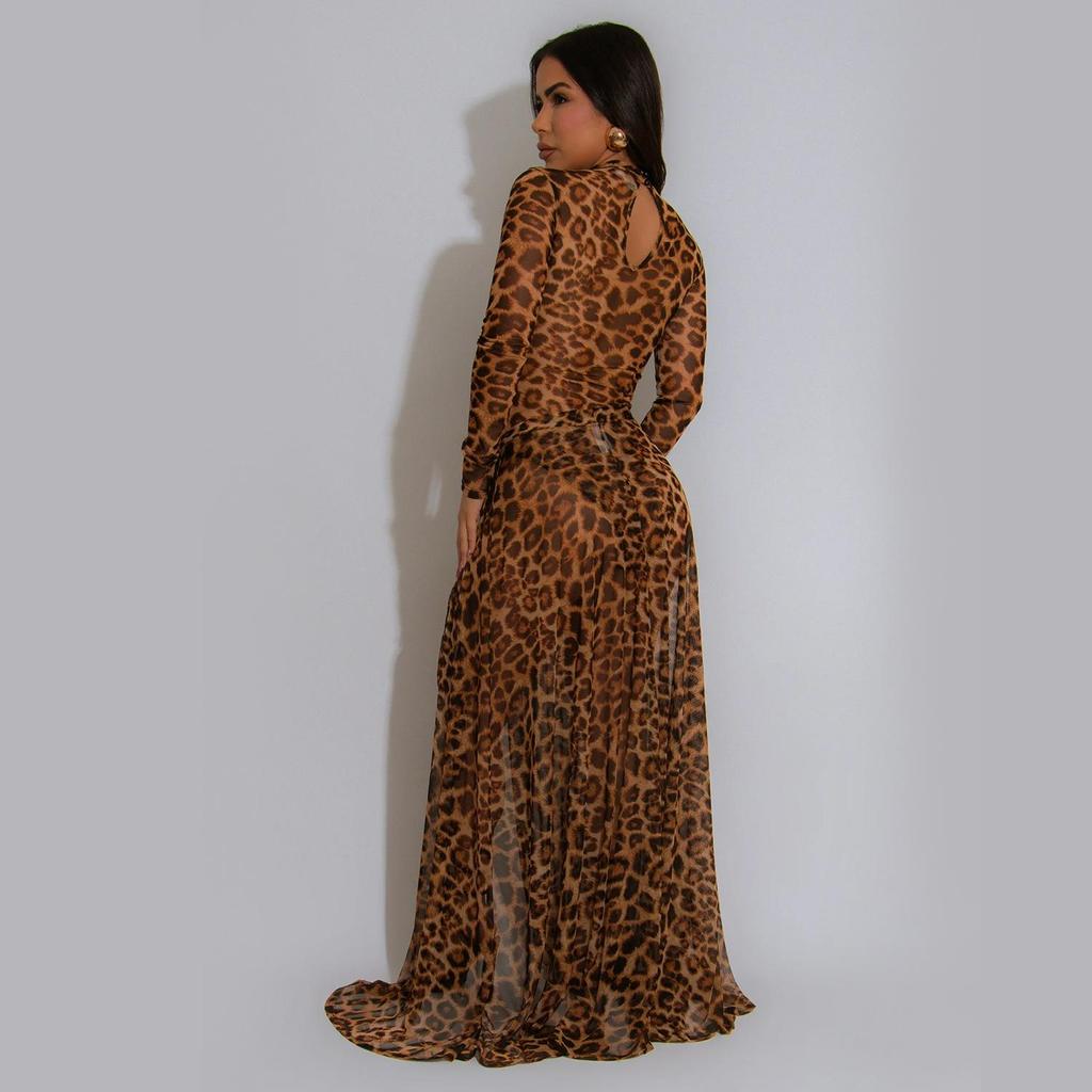 Women's Sexy Leopard Print Long Sleeve Split Dress