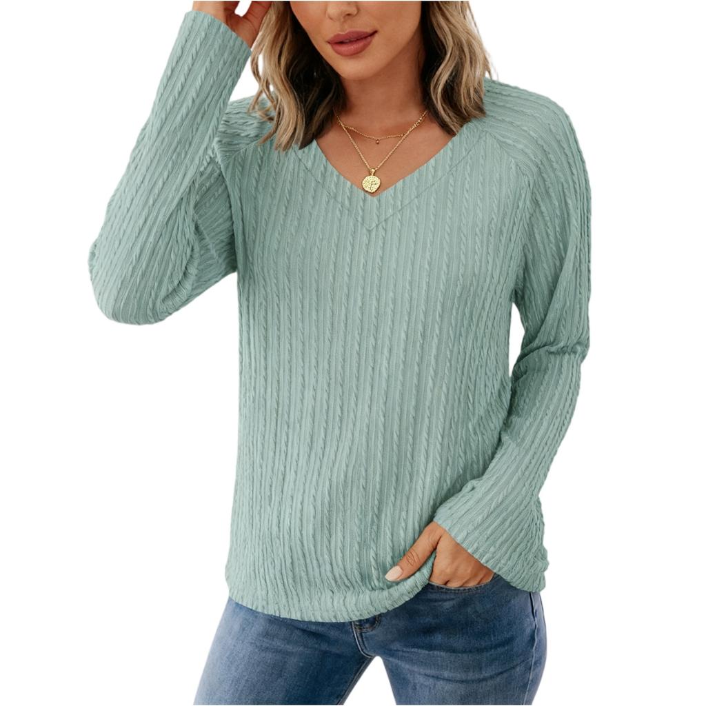 Women's Fashionable Solid Color V Neck Long Sleeved Casual Pullover T-shirt Top