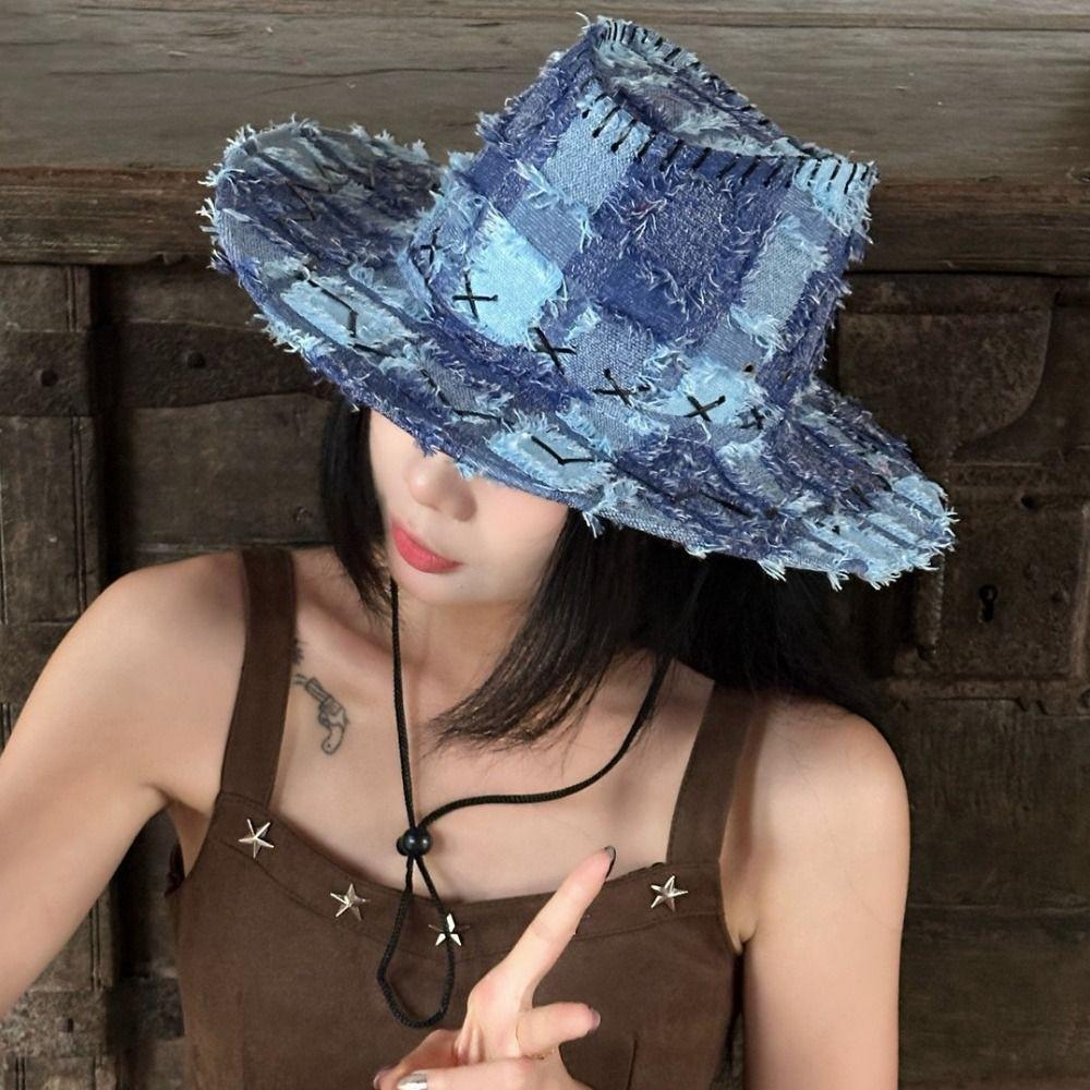 Adjustable Wide Brim Sun Hat Y2k Plaid Knight Hat Vintage Western Cowboy Hat for Male Female