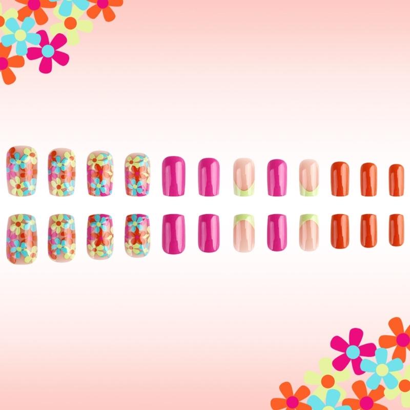 Unghii pătrate presate cu flori, unghii false adezive în 12 mărimi, 24 buc. tipsuri unghii french pentru decorațiuni nail art DIY