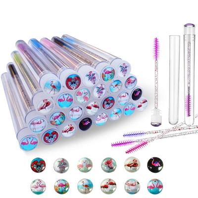 50pcs Flamingo Pattern Eyebrow Brush Tube Disposable Mascara Wands Applicator Tube with Resin Drill for Eyelash Extension