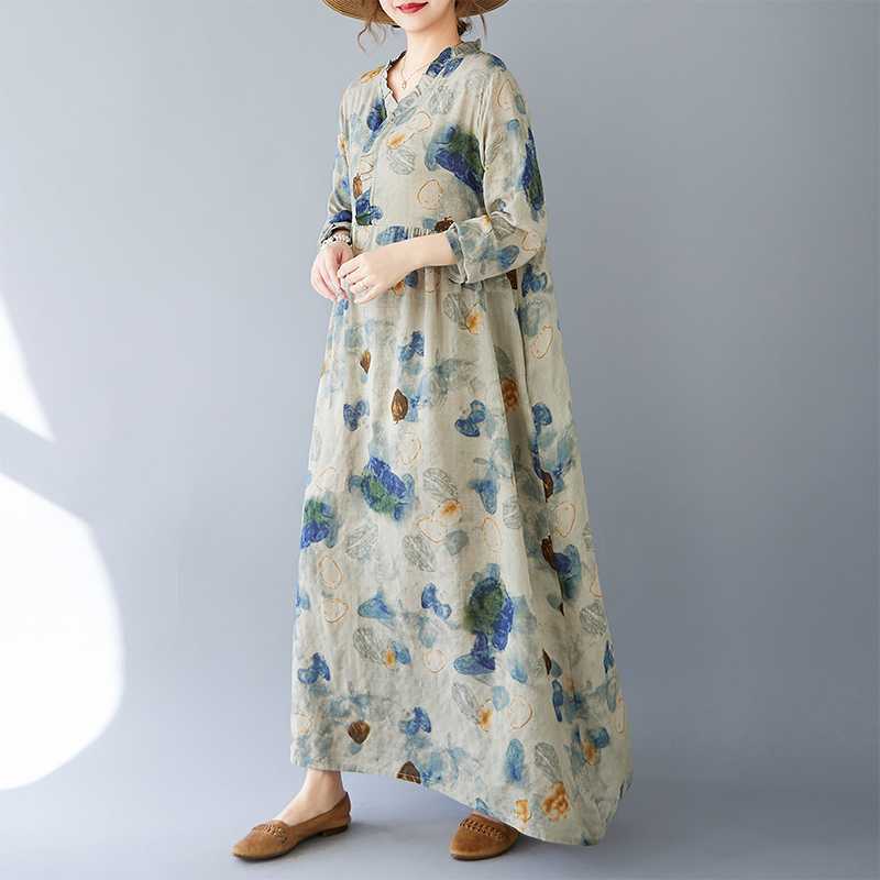 

Настоящее весенне-летнее новое ретро-платье из хлопка и льна с принтом, свободное повседневное платье с воротником-грибком и длинными рукавами, с большими складками L