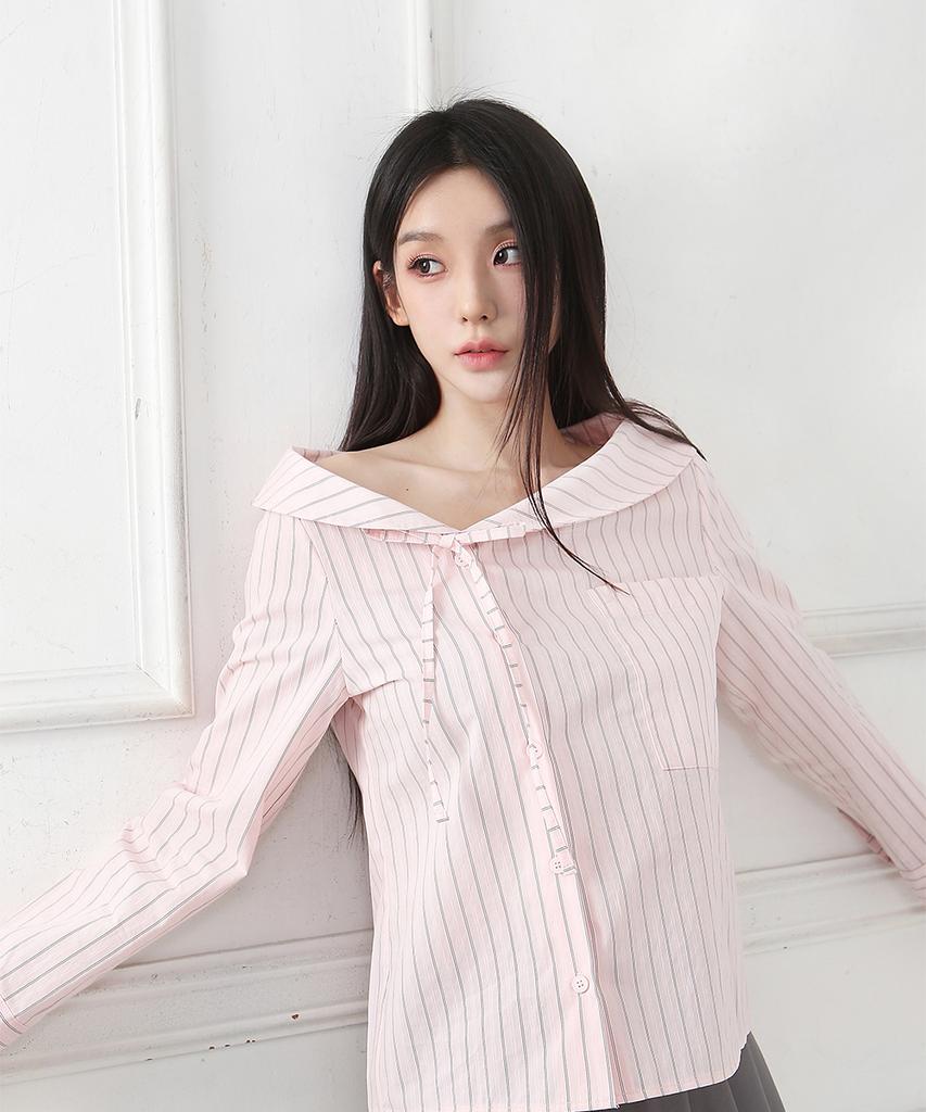CATTLINE Striped Off-Shoulder Blouse Pink