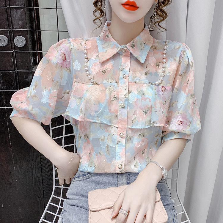 New Summer Pearl Ruffle Edge Floral Chiffon Blouse Sweet Turn Down Collar Floral Short Sleeved Bottoming Shirt