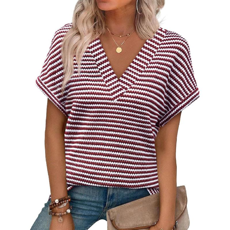 2026 Loose Women's Casual Striped Textured Short-Sleeve Summer New V-Neck Knit T-Shirt Women's Clothing
