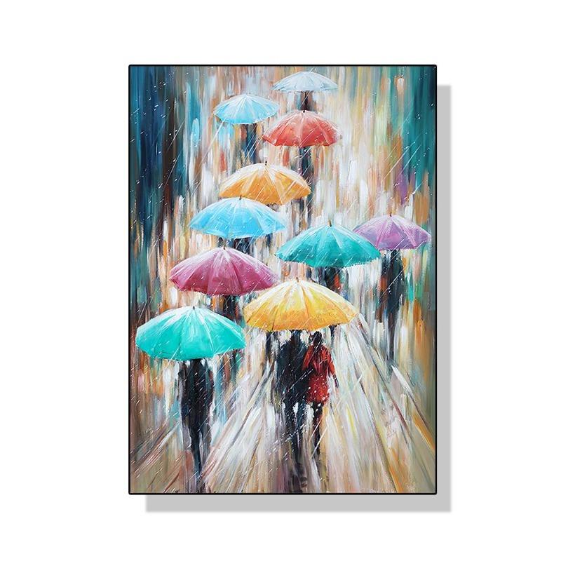 Abstract colourful umbrella landscape in the rain canvas painting oil wall of art for the modern living room home decor cuadros