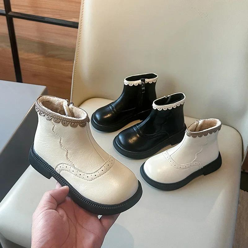Girl Child Boots Winter Black Beige Versatile Princess Ankle Boots Sweet Ruffled Edge Versatile Kids Fashion Causal Cotton Boots