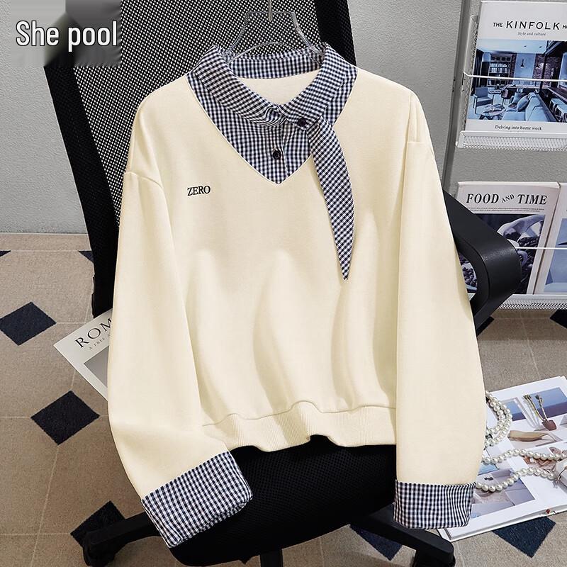 Women s Plaid Patchwork Faux Two-Piece Sweatshirt L