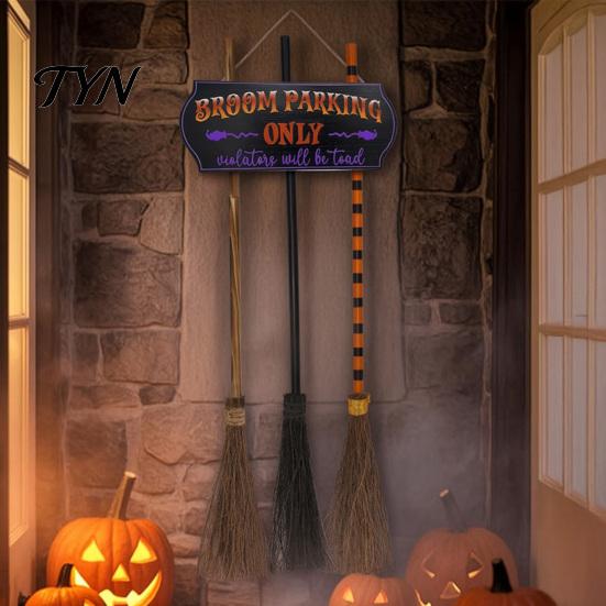 Reusable Holiday Hanging Sign Halloween Broom Parking with 3 Pcs Wooden Witches Brooms, Hocus Pocus Door Themed for Indoor Outdoor Home Wall