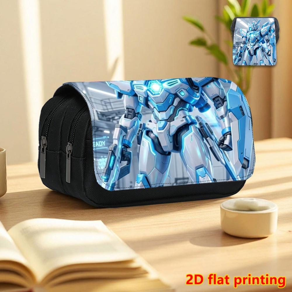 Pure White Mecha 2D Print Double-Layer Flip Black Pencil Case - Back To School Essential Pencil Box, Daily Multi-Functional Cosmetic Bag, Large Capaci