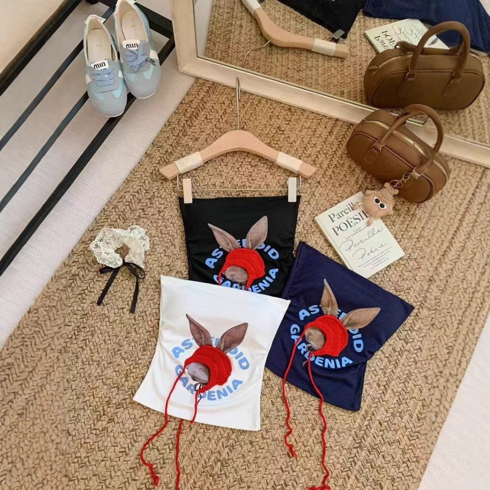 Sleeveless Bandeau Top for Women with Built - In Bra Featuring Little Red Riding Hood Rabbit and Letter Prints. Slim - Fitting Spicy Girl Inner