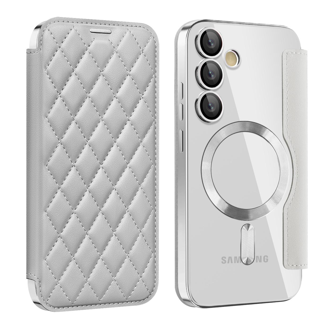 

Магнитный кожаный чехол-кошелек для телефона Samsung S22 S23 S24 S25 plus Ultra A55 A35 A16 A05 с откидной крышкой и беспроводной зарядкой, держатель для карт Magsafe Samsung S25 Ultra серый